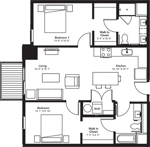 Floor plan for 2 beds, 2 baths, 999 sqft